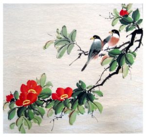 A painting of two birds sitting on branches with flowers.