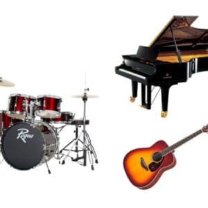 A picture of different musical instruments on display.