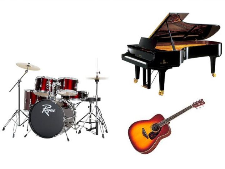 A picture of different musical instruments on display.