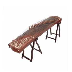 An ornate Guzheng 古箏, a traditional chinese stringed musical instrument, displayed on a wooden stand against a plain background.