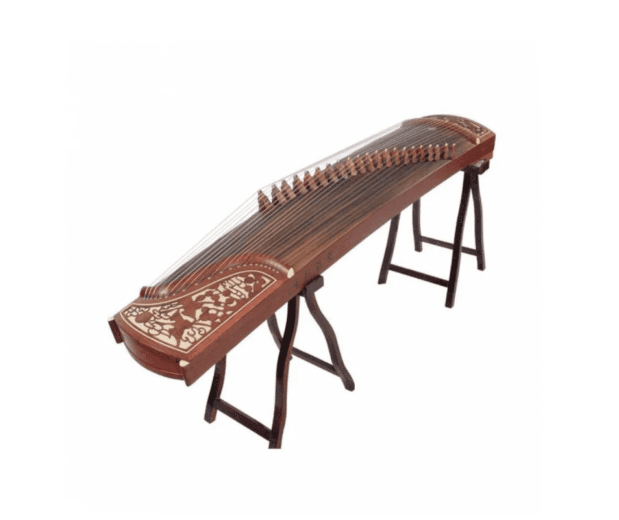 An ornate Guzheng 古箏, a traditional chinese stringed musical instrument, displayed on a wooden stand against a plain background.