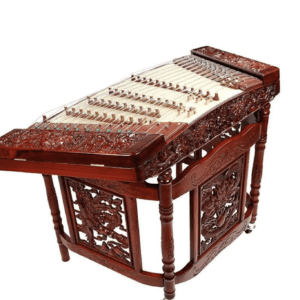 Intricately carved wooden yangqin, a Chinese hammered dulcimer, isolated on a white background.