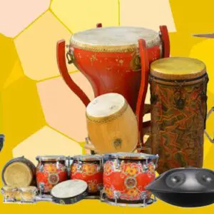 A variety of drums and percussion instruments.